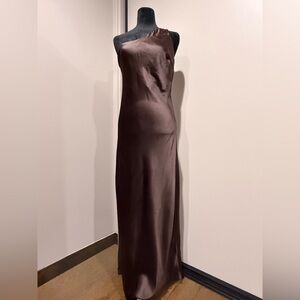 Sophisticated One Shoulder Satin Gown in Deep Brown Holiday Party Dress
